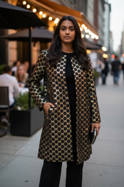 Black Label by Chico's Black Gold Polka Dot Evening Coat Size 2